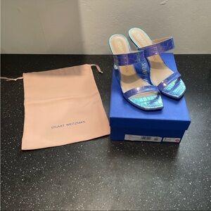 Stuart Weitzman new Kristal violet eyes, iridescent croc leather sandals 9.5